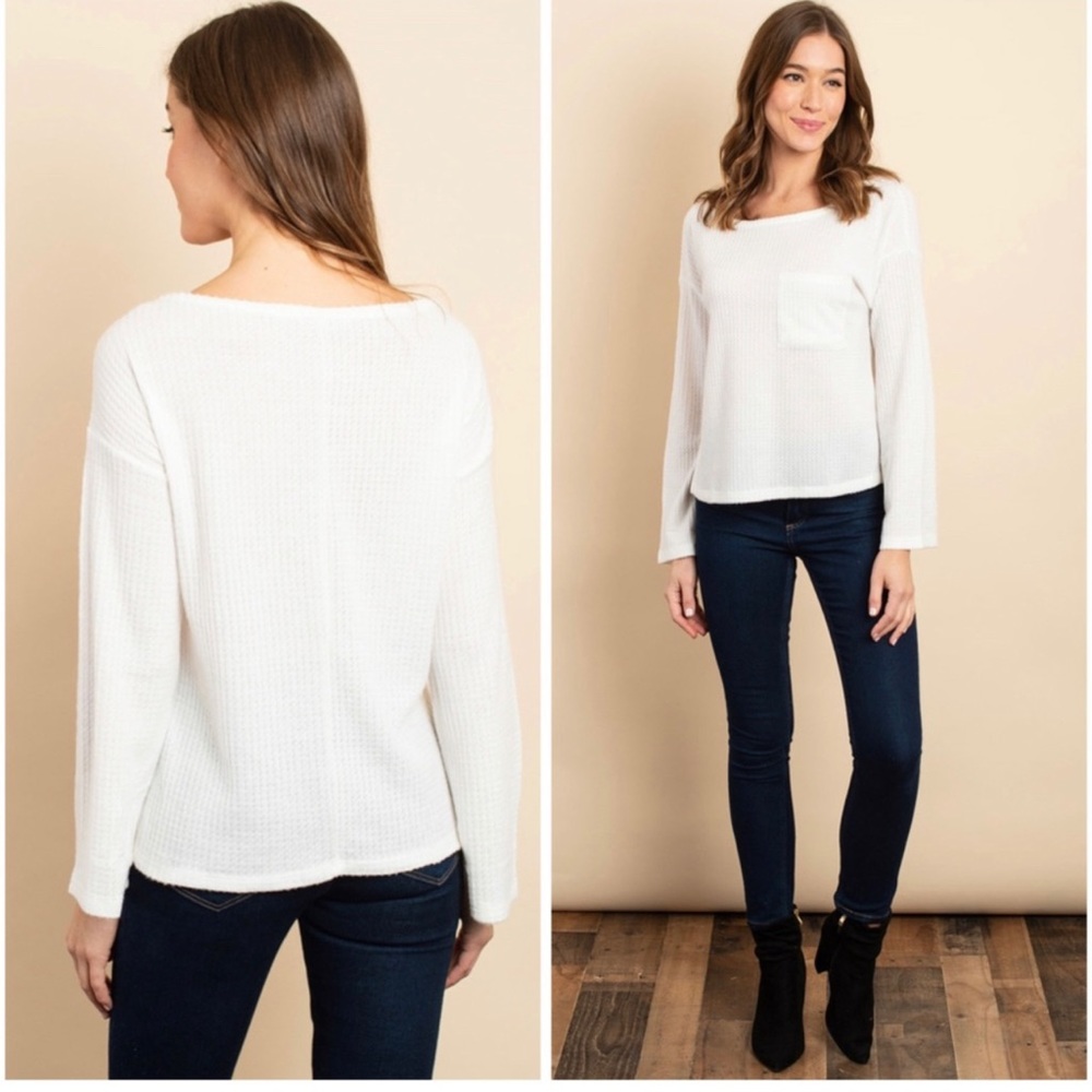 Waffle knit long sleeve top with pocket